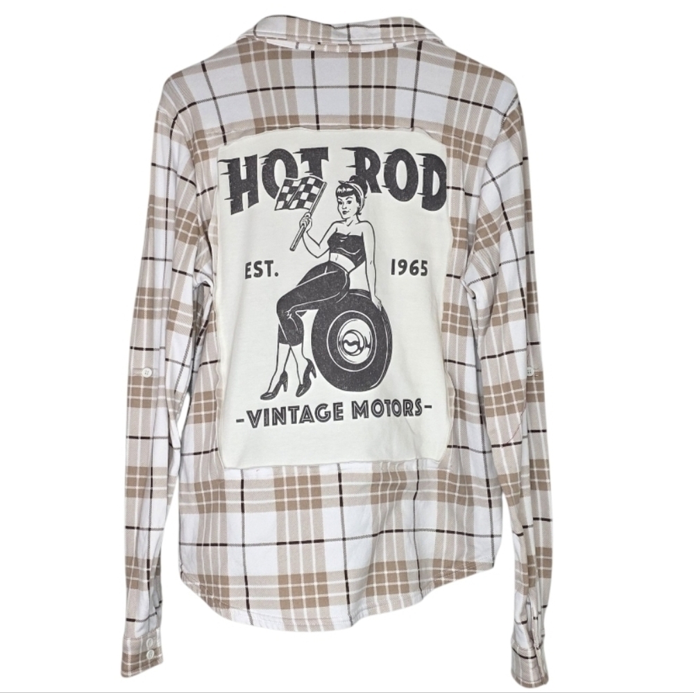 Boneyard Threadz White & Tan Plaid  Flannel Shirt W/ Retro Hot Rod Graphic Large
